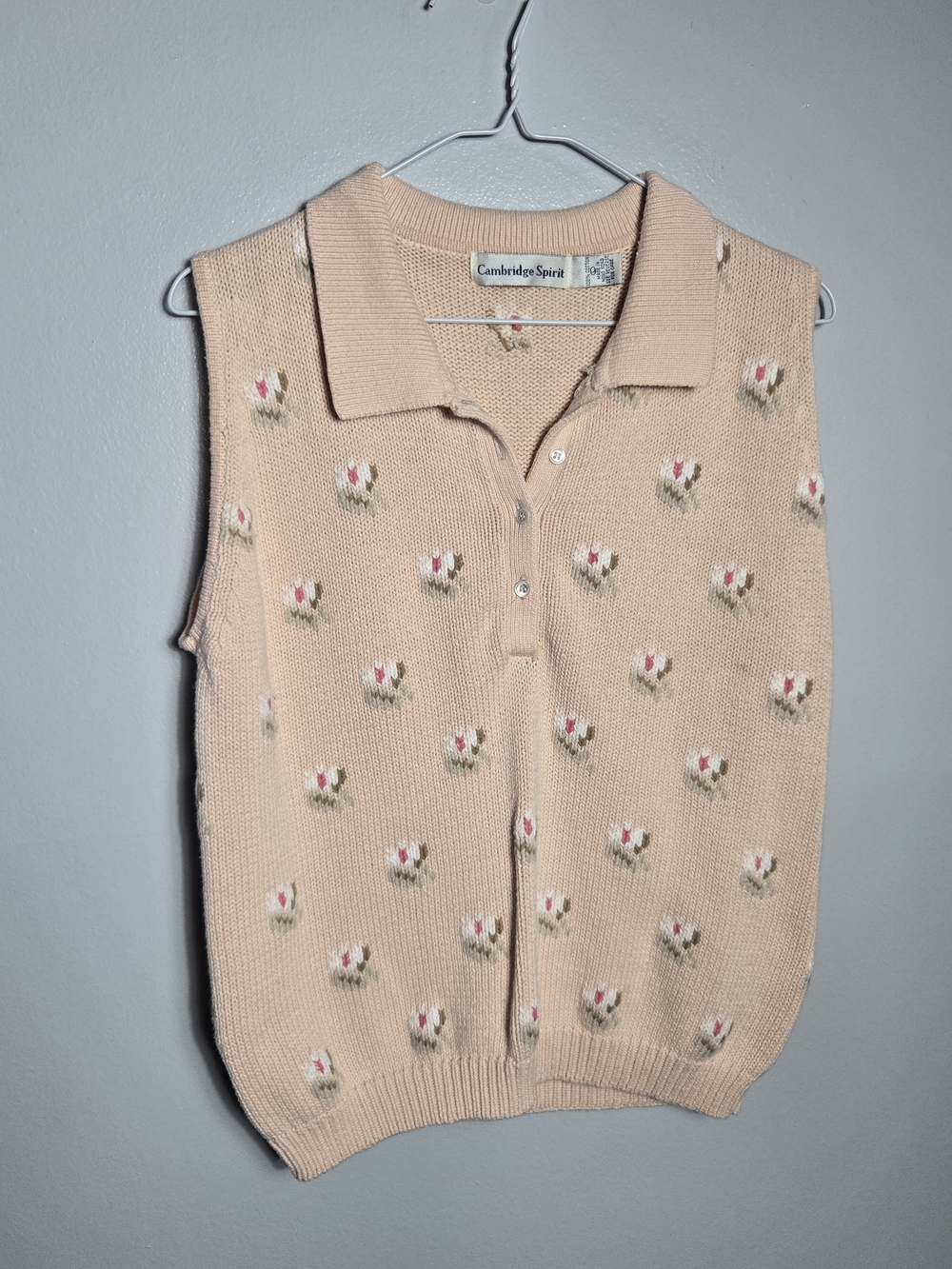 Vintage Cambridge Spirit Peach Floral Embroidered Knit Polo Sweater Vest Size L